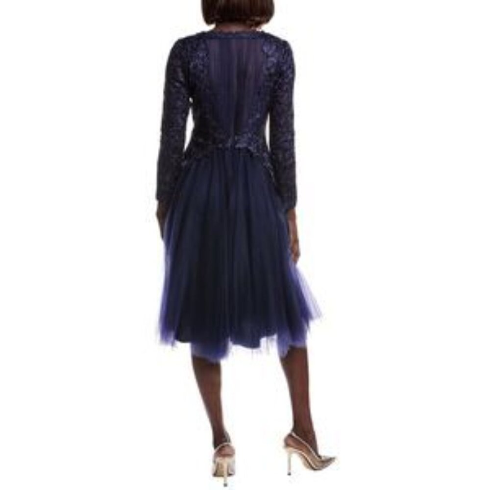 Tadashi Shoji Saitta midnight blue lace embroidered tulle midi cocktail dress 2 - Picture 5 of 6